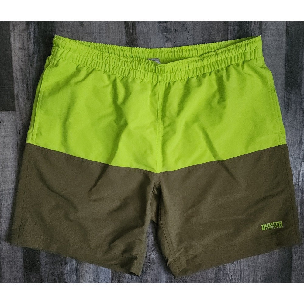 Duluth Trading Co Swim Trunks Mens Large Green Colorblock Pockets Mesh Lined